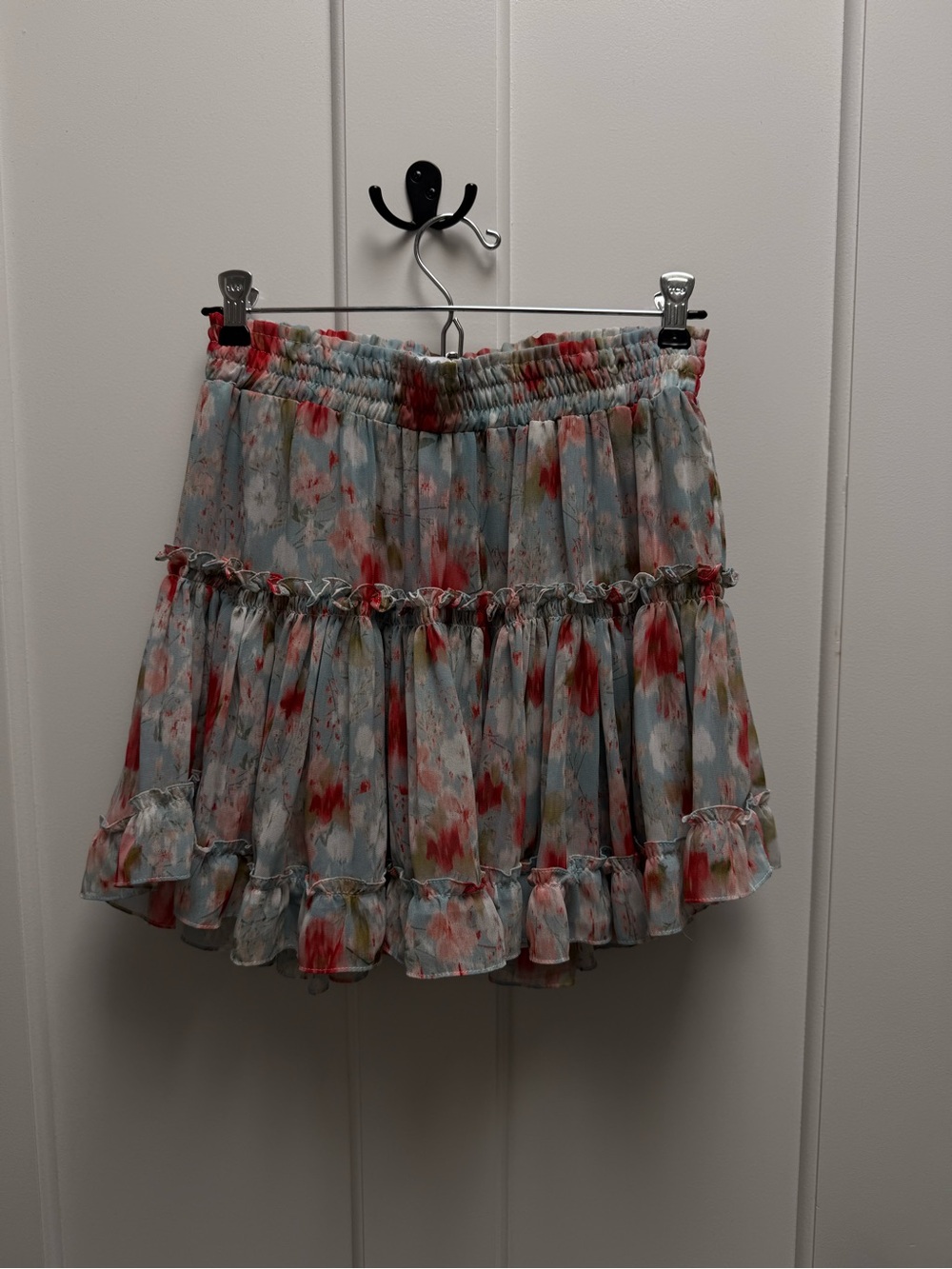 Misa Los Angeles Light Blue & Red Floral Ruffle Mini Skirt